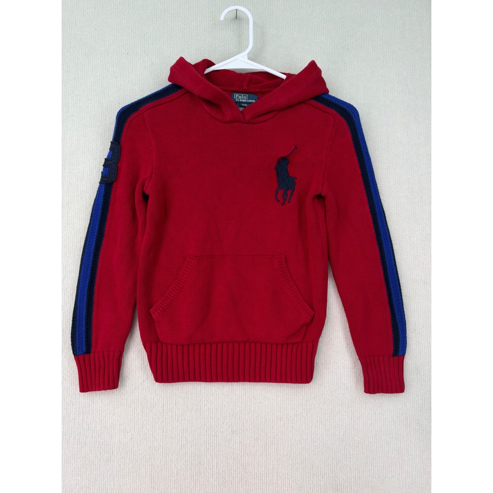 Polo Ralph Lauren Boys S 8 Red Knit Hoodie Big Pony #3 Striped Cotton Sweater